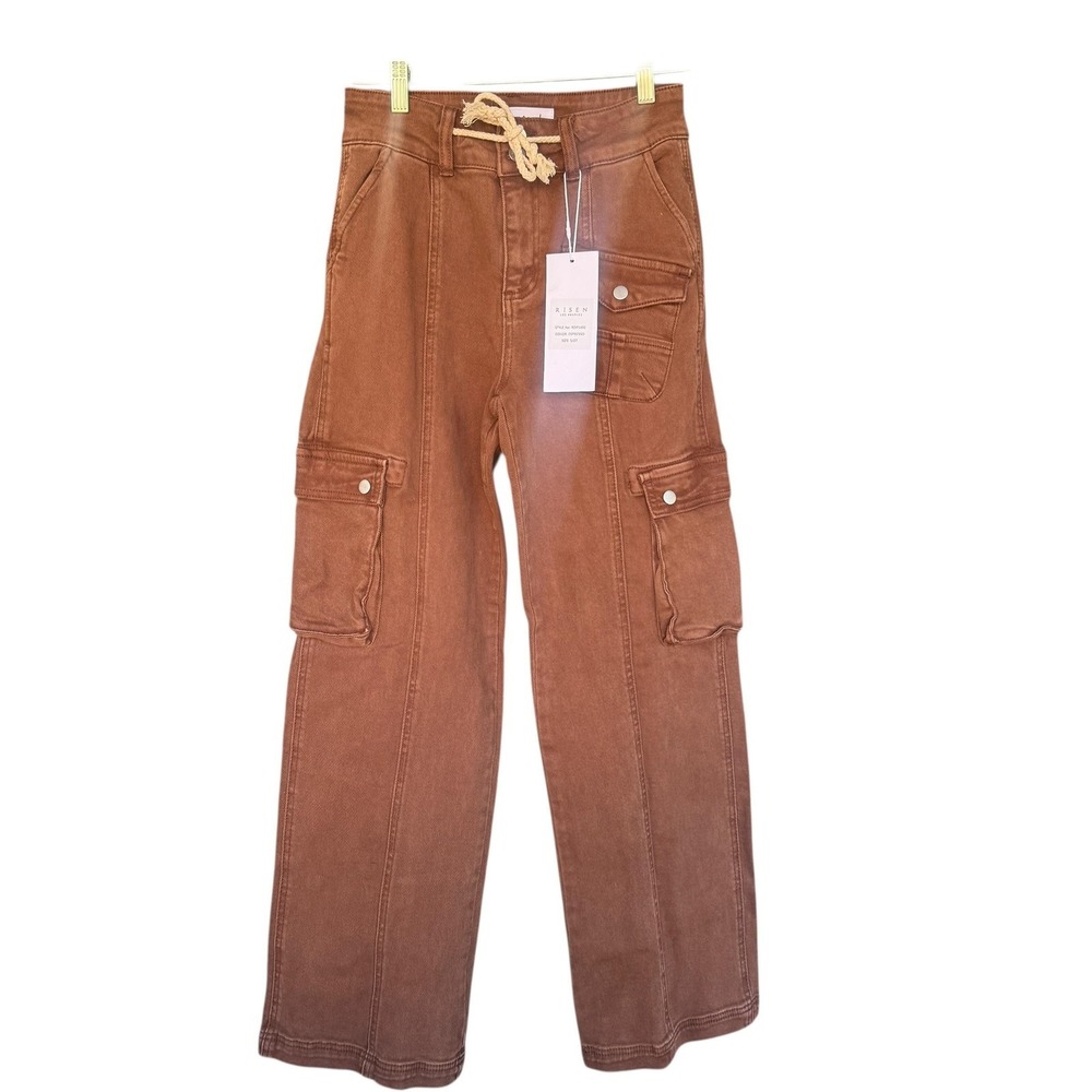 Risen Jeans Jeans Juniors 5 Brown High Rise Cargo Wide Leg Belted Stretch Denim